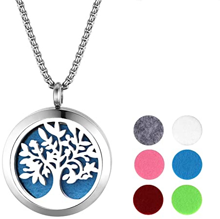 Cupimatch Collier arbre de vie suspendu en acier inoxydable en forme de parfum d'aromathérapie, diffuseur d'huile essentielle, Éponges