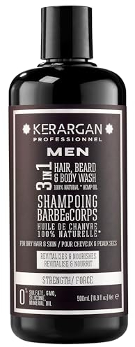 Kerargan - Shampoing Fortifiant 3en1 à l'Huile de Chanvre - Renforce Cheveux, Barbe et Corps - Revitalise, Nourris - Pour Peaux et Cheveux Secs - Sans Sulfate, OGM, Silicone, Huile Minérale - 500ml