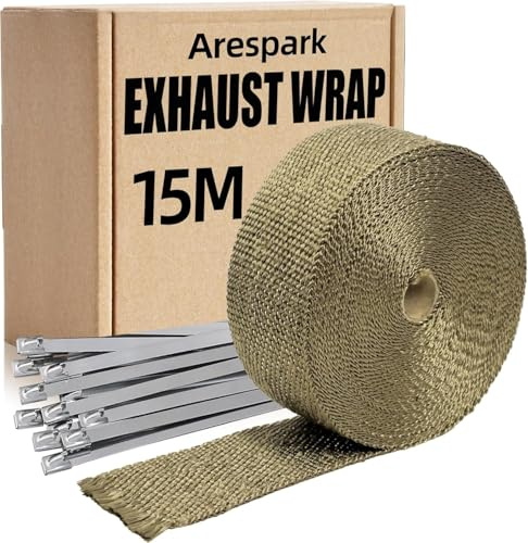 Arespark Car Exhaust Wrap Tape, 15M Heat Wrap Exhaust Tape Roll Titanium | for Motorcycle Heat Shield Tape Fiberglass Heat Insulation Wrap with 12 Pcs Stainless Ties