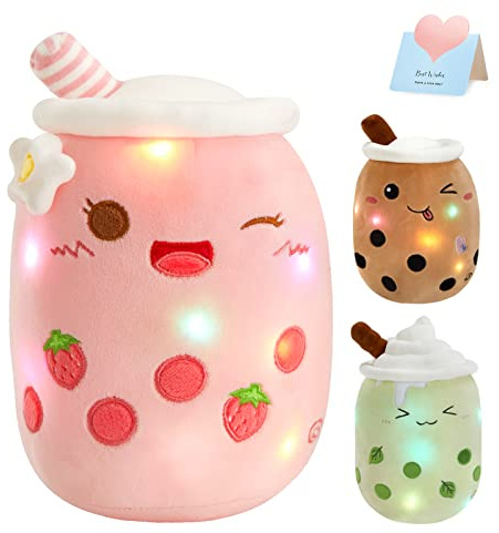 Athoinsu Light Up Strawberry Boba Tea Soft Plush Pillow 10'' Kawaii Milky Tea Stuffed Bubble Animal Toy with LED Lights Birthday Christmas Holiday Valentines Gifts for Kids,Girls,Boys