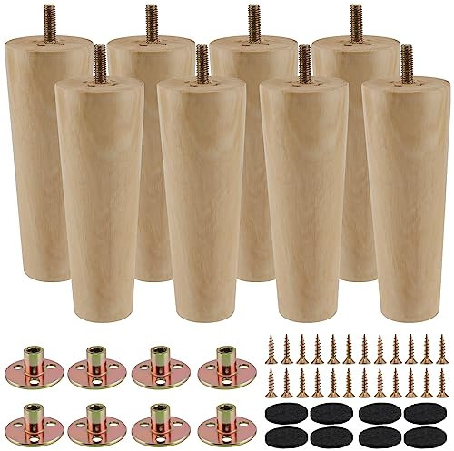 FUNSUEI 8 PCS 15cm Wooden Furniture Leg, Table Legs Wooden, Replacement m8 Chair Legs with Mounting Plates and Screws Wood Sofa Legs for Armchairs, Couches, Ottomans, Cabinets