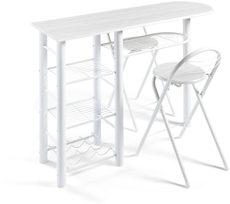 DUPI Conjunto Mesa de Cocina Bar | Estructura Metálica | Tabla de Madera | 4 Estantes | 2 Taburetes Plegables | Ideal para Cocina Pequeña, 120 x 40 x 87 cm (Blanco)