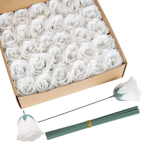 ICBOX Künstliche Rosen, weiße Rosen, Seidenrosen, künstliche Blumen zum Basteln, Hochzeitsstrauß, Heimdekoration (weiß), 30 Stück