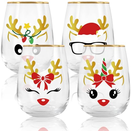 Whaline Weingläser ohne Stiel mit Goldrand, 482 ml, Rentier-Trinkgläser, Weihnachtsbecher für Partyzubehör, Geschenke, 4 Stück