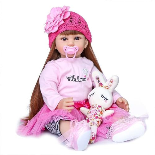 HEHUZY Bambole Reborn Femmine Toddler 24 Pollici 60 cm Realistica Bambole Reborn in Silicone Morbido Capelli Lunghi bambolotti Che sembrano Veri Neonata Bambino