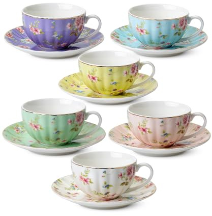 BTaT- Floral Tea Cups and Saucers, Set of 6, 7 oz, Fine Porcelain Teacup Set with Gold Trim for Afternoon Tea, Weddings, Parties & Gifting, Dishwasher Safe and Freezer Safe, Mothers Day Gift
