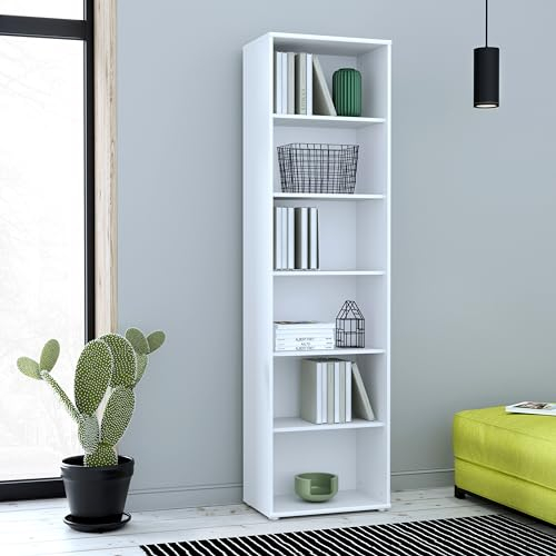 Forte TEMPRA2 Bücherregal 50 60, weißes Bücherregal, Standregal, Büroregal, Wohnzimmerregal, Kinderzimmerregal, Holzwerkstoff, Weiß, 54 cm breit x 197,5 cm hoch x 34,8 cm tief