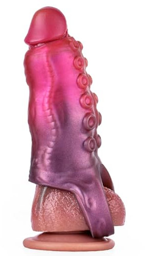 Hrekssi XXL Realistischer Silikon Penis Sleeve Monster Dildo mit Hodenring Extender Penishülle Penismanschetten Kondome Verzögerung Ejakulation Erwachsene Sex Spielzeug Für Männer,XL