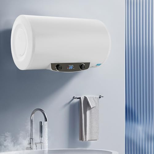 Elektrisk förvarings-vattenvärmare, horisontell vattenvärmare, 2 000 W, 25–75 °C, varmvattenbehållare, tryckbeständig, elektrisk vattenvärmare med handdusch, säkerhetsventil, duschset (120 l)