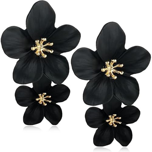 Umimiss Women's Bohemian Style Double Layer Long Flower Earrings - Black Earrings for Women, Black Floral Drop Earring, Dainty Drop Earingsings, Floral Stud Earring for Women Statement Wedding