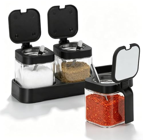 DIYJEP 3 Pcs Glass Seasoning Box with Tray, Clear Condiment Canister | Spice Jar Sugar Bowl Set with Lid Spoon and Tray, Clear Condiment Jar Spice Container for Salt Sugar Spice Pepper