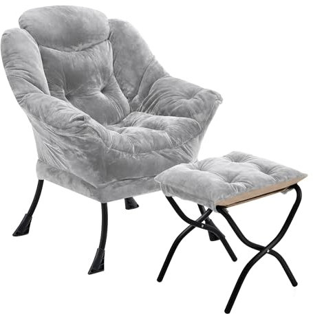 Youtanic Lazy stol med vikbar ottoman, accentstol plysch stoppad med metallstruktur och halkfria kuddar, sofffåtölj med fotstöd och sidoförvaringsväska för sovsal, rum, kontor, ljusgrå
