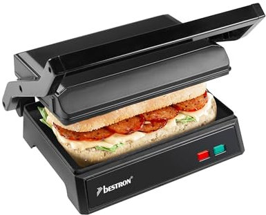 Bestron elektrischer Kontaktgrill mit Auffangschale, Sandwichmaker mit Cool-Touch-Handgriff, Paninimaker mit Antihaftbeschichtung, 1000 Watt, APM123Z, Farbe: Mattschwarz, 22,5 x 14 cm