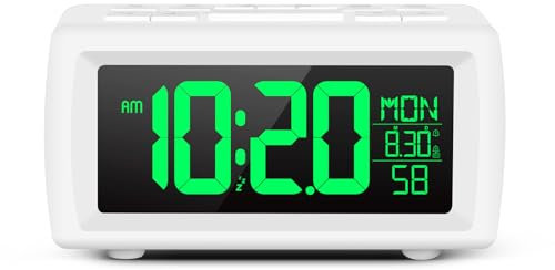 Alarm clock bedside,Digital clocks radio alarm for Bedrooms with Power cord,Large Big Numbers desk clock with Brightness Dimmer,7 Font colors, Dual Alarm(Buzzer/FM Radio)with Sleep Timer,Snooze,White