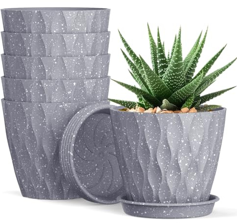 Lot de 6 pots de fleurs en plastique avec trous de drainage et soucoupes pour intérieur et extérieur (gris avec mouchets)