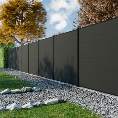 DECKLINEA Kit Clôture Composite RIO Anthracite 14,5x1,8m - Bois composite & Aluminium - Poteaux sur Platines Noir- Brise vue - Palissade - Brise vue