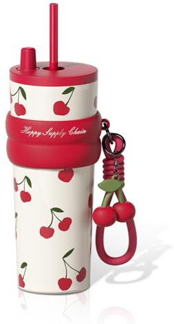 Sidagar 24 oz Insulated Tumbler witn Lid and Straw, Stainless Steel Reusable Leak Proof Water Bottle, Travel Portable Coffee Mug for Hot and Cold, Thermal Cup for Women, Cherry
