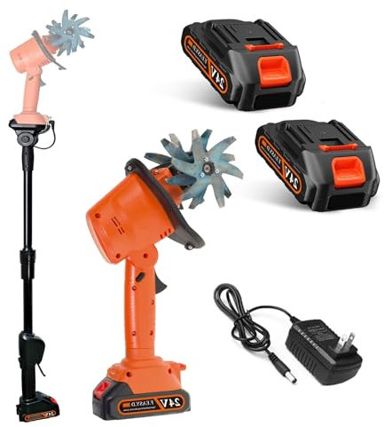 Generico 21V Motocoltivatore da Giardino,Motozappa a Batteria,con 2 Batterie 1500mAh e Manico da 1,3m Zappatrice,10cm Larghezza di Lavoro 10cm profondità di Lavoro