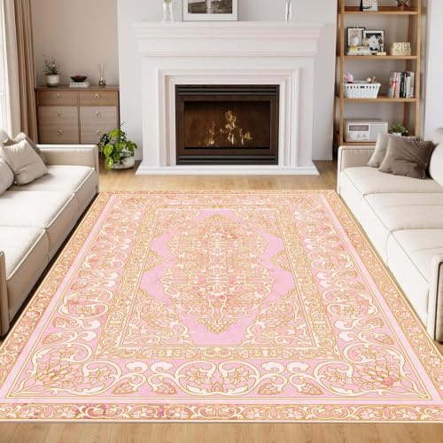 ZLXMN 100x150cm Traditioneller Teppich Rosa Vintage-Bohemian-Design Kleine und GroßE Matten Langlebig rutschfest Waschbar Klassische Orientalischer Teppich füR Schlafzimmer Wohnzimmer