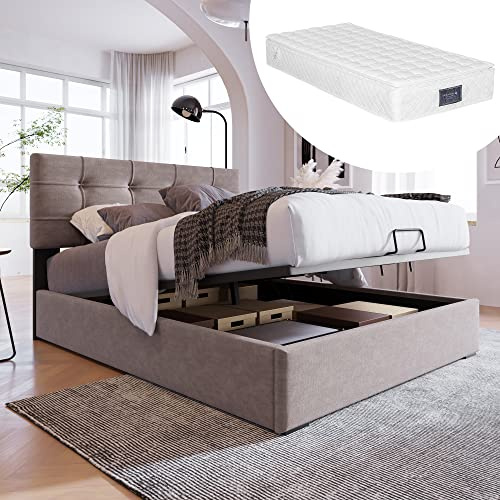 Hydraulisch Polsterbett mit Höhenverstellbares Kopfteil Einzelbett mit Lattenrost aus Metallrahmen Stauraumbetten für Erwachsene Jugendliche Gästebett Hellgrau mit Matratze 140x200 cm
