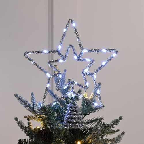 Festive Lights 28cm LED Weihnachtsbaumspitze Stern weiß Silber Glitzer Batterie Timer Stern Baumspitze Weihnachten Weihnachtsbaum Deko Silber
