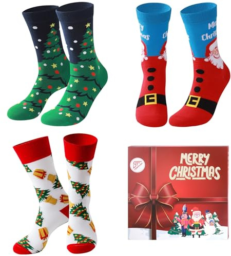 Lounwee Weihnachtssocken Herren Crew Socken: 3 Paar Lustige Weich Baumwolle Weihnachts Socken für Männer Freunde Familie Feiertag