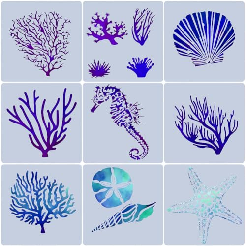 GORGECRAFT 9 Stück Meerestier Schablone Seepferdchen Seestern Koralle Muschel Sommer Ozean Kreaturen Meereslebewesen Schablonen Zum Malen Auf Holz Wänden Karten Böden Leinwand Fliesen Scrapbooking 13