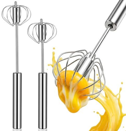 Li&Zhao Semi Automatic Whisk-2-Pack Stainless Steel Hand Push Rotary Egg Whisk and Manual Egg Beater for Blending Frothing Stirring Durable Metal Whisk for Kitchen Coffee Baking