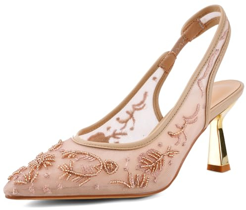 ZBOT Women's lace embroidered mesh peep-toe high heels, bridal high heels, pearl-embellished wedding shoes-Apricot-8