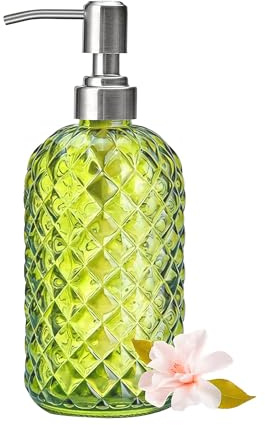 Dispenser di sapone in vetro verde, 350 ml, dispenser di sapone manuale con pompa in acciaio inossidabile antiruggine, bottiglia di vetro ricaricabile per bagno, piano di lavoro, cucina, lavanderia