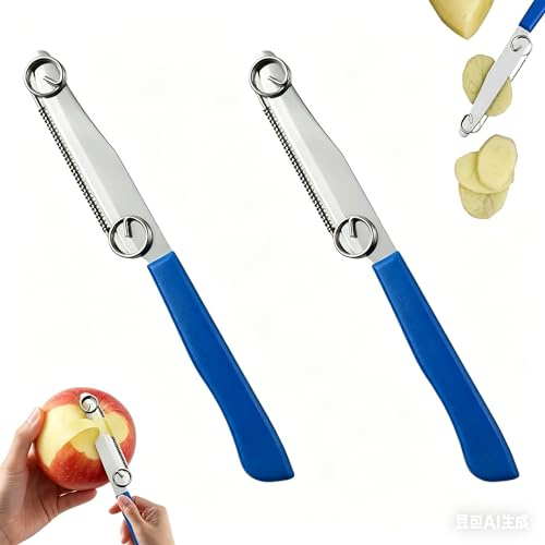 Set di 2 coltelli per frutta 2 in 1 con manico blu, sbucciatore multiuso per verdure e affettatrice in acciaio inox, affettatrice julienne precisa per la cucina, ideale come pelapatate e per