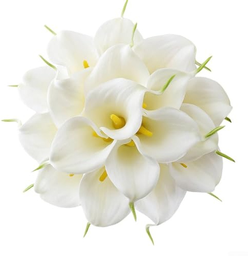 Zeroupshop Elegante bouquet da sposa rotondo con 18 calle artificiali, fiori da sposa leggeri, composizione floreale in plastica bianca