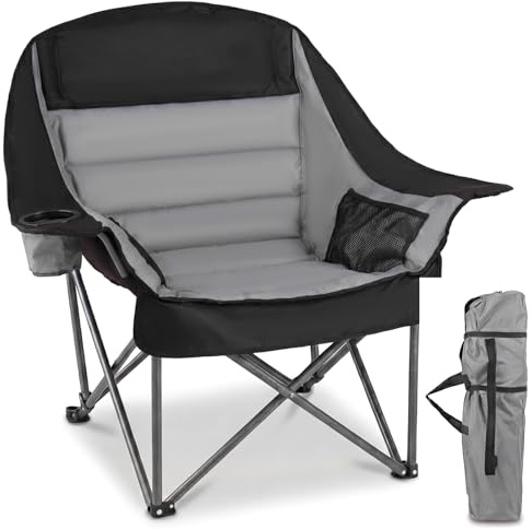 TANGZON Oversized Camping Chair, Folding Upholstered Oxford Chair with Carry Bag, Side Pockets & Cup Holder, 225 KG Heavy-Duty Metal Lawn Seat for Outdoor Sports, Beach, Fishing (Grey)