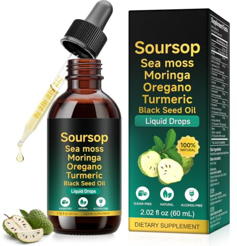 Soursop Drops Soursop Bitters Liquid Drops, 60ml | Supports Digestive & Immune with Sea Moss, Moringa, Turmeric, Black Seed Oil, Oregano, Ashwagandha, Vegan