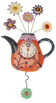 Enesco Allen Designs Flower Teapot Wall Clock - Battery Operated Pendulum Analog Clock, Stone Resin Decorative Clocks for Walls Home Decor Kitchen Clocks, 12.4 Inch