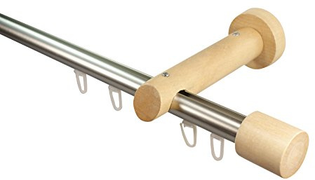 Innenlauf Gardinenstangen aus Alu und Holz Farbe Edelstahl Buche, 20 mm, Endstück Kappe, 140 cm