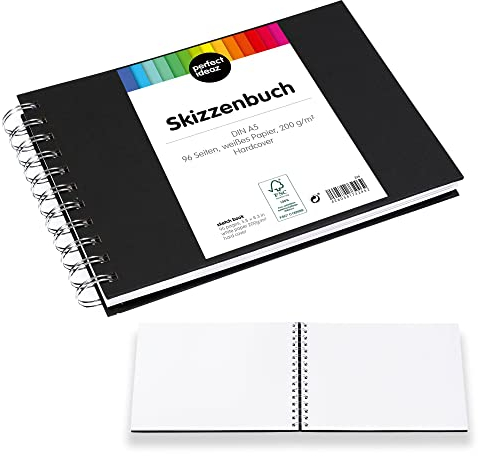 perfect ideaz - Skizzenbuch DIN-A5 Quer, Spiralbindung, FSC® zertifiziert, 96 Seite (48 Blatt), Hardcover Schwarz, Sketchbook, 200 g/m² dickes Papier, säurefrei (1 Skizzenbuch (Schwarz-Quer))