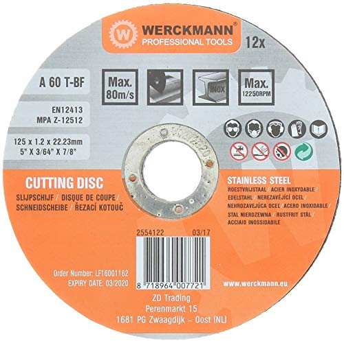 Lot de 12 Disques à Tronçonner - Coupe Métal, Acier, Acier Inox diamètre Ø125mm x 1.2mm x 22.23mm A60 80m/s