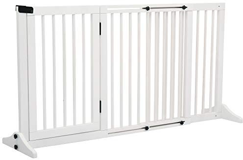 PawHut Wooden Freestanding Pet Gate Adjustable w/ Door Lock Safe Barrier White