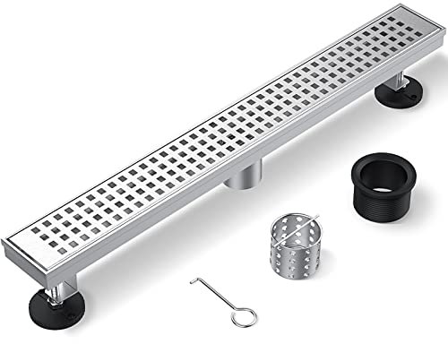 ZEKOO Drenaje de ducha lineal de níquel cepillado de 24 pulgadas,Drenaje de piso de acero inoxidable 304 para baño,Desagüe rectangular de piso de ducha con rejilla extraíble, drenaje lineal