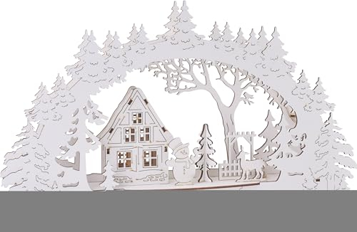 VBS Lichterbogen Haus im Wald Schneemann LED 43x6x25.5 cm Sperrholz Weihnachtsdeko Lichterbogen Weihnachten Dekoartikel