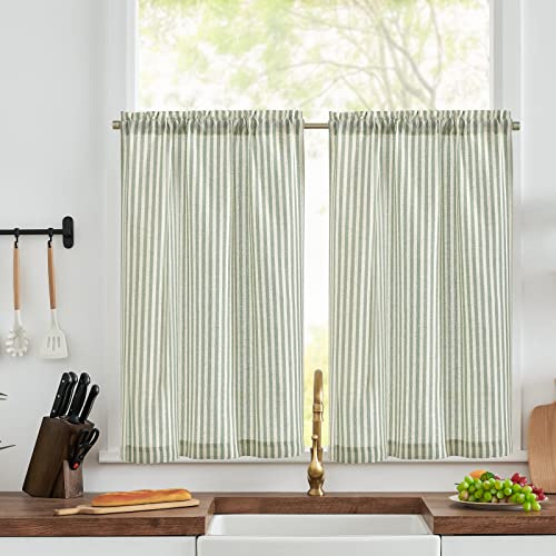 Vangao Rayé Rideau Cuisine Aspect Lin Salon Petit Fenetre 65x90 cm Lot de 2 Rideau Brise Bise Passe Tringle Moderne Intérieurs Mini Rideaux sous evier Court Cache Placard Boheme Cafe Chambre, Vert