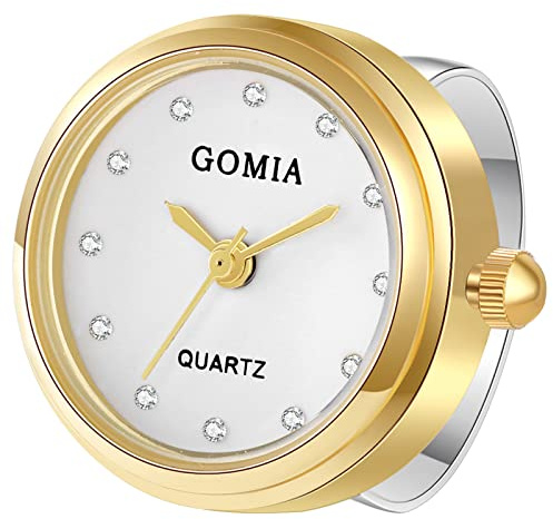 JewelryWe Ringuhr Fingeruhr Damen Herren Analog Quarz Edelstahl Verstellbar Ring Uhr Fingerringuhr Uhrenring mit Strass Rundem Zifferblatt, Gold Silber