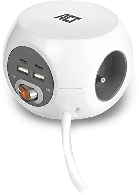 ACT AC2435 Cube multiprise avec USB (Belgique), Powercube 2 USB-C et 2 prises USB-A (3,4 A) avec interrupteur, prise 3 prises, avec tampon adhésif pour cuisine, bureau, salon, longueur du câble 1,5 m,