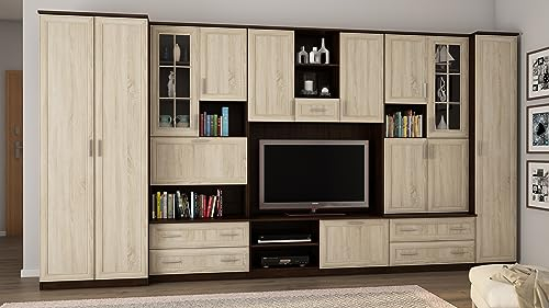 e-Meblast Wohnwand Wohnzimmer Möbel Cyklon - Modern Schrankwand 400 x 210 x 53 cm Wohnzimmerschränke - Schrankwand Vitrinen Hängeschrank 4 Schränke TV-Lowboard Anbauwand