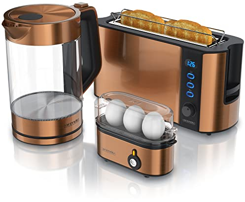 Arendo - Wasserkocher mit Toaster SET Edelstahl Kupfer, Wasserkocher 1,7L 2200W Warmhaltefunktion Toaster 2 Scheiben 1000W mit Brötchenaufsatz und 6 Bräunungsgraden, Eierkocher 1-3 Eier Messbecher