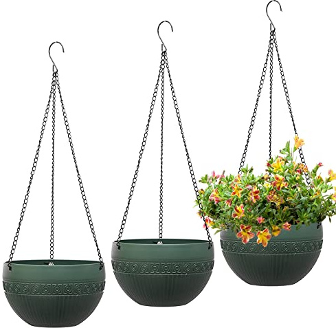 Moollyfox 3 Stück Blumenampel Außen, Ø 21cm Selbstbewässerung Blumentopf Hängend, Hängeampeln Kunststoff für Draußen, Hängeblumentöpfe mit Rostfrei Ketten, Hängeampeln für Innen Außen Decken Pflanzen