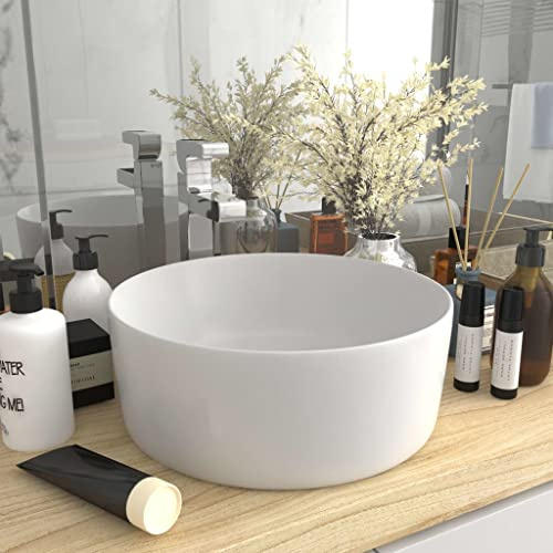 HIGSOSE Lavandino Lusso Rotondo Bianco Opaco 40x15 cm Lavatoio Ceramica Lavatoio da Esterno Arredo Bagno Lavabo da Esterno Lavabo da Appoggio Lavandino da Appoggio Lavabo Appoggio in Ceramica