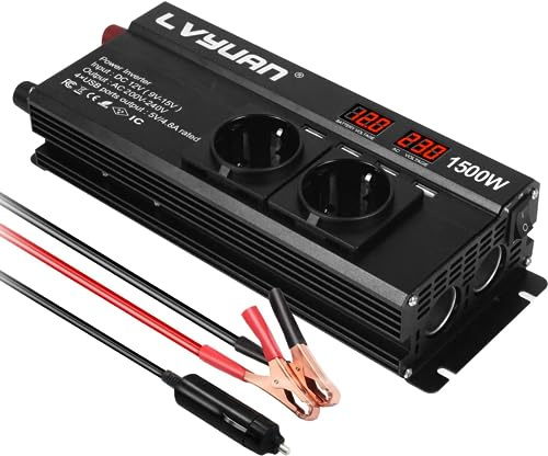 Yinleader Wechselrichter 12V 230V 1500W Spannungswandler mit 2 Steckdose und 4 USB 2 LED