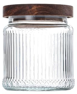 soulnioi Glass Jar with Lid Glass Containers With Bamboo Lids,Striped Glass Jar,Coffee Storage,Decorative Container Tea & Coffee Bean Sealer Acacia Wood Glass Storage Jar 500ml